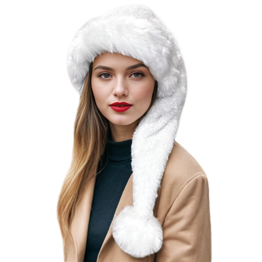 2404 White Sequin Long Santa Hat for Adults, Christmas Hats or , Soft